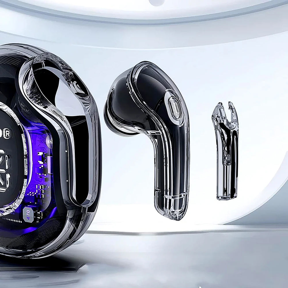 Ultrapods Pro Earbuds with Display, Transparent Design, 30 Hr Playtime with Fast Charging.